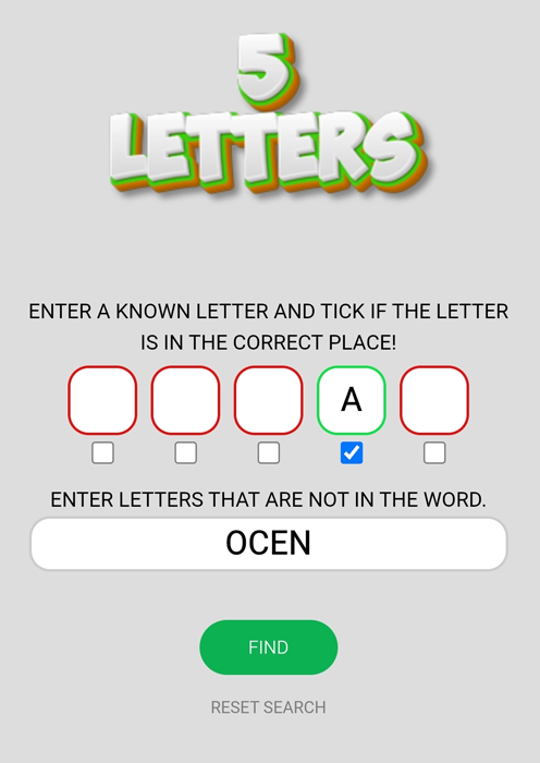 Found words with the letter A and without OCEN.